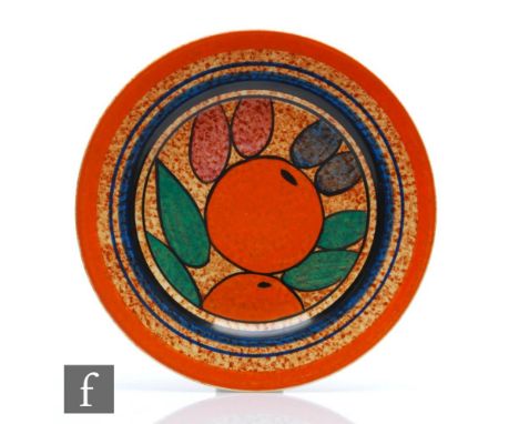 A Clarice Cliff Oranges Cafe Au Lait pattern circular plate circa 1932, hand painted with fruit and foliage over a brown stip