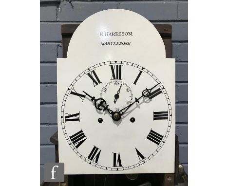 A 19th Century mahogany longcase clock, the eight-day movement with a later painted 12 inch arch dial with subsidiary seconds