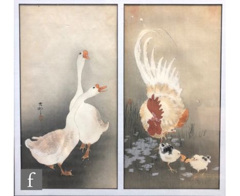 OHARA KOSON/SHOSON (JAPANESE, 1877-1945) - Geese and cockerel with two chicks, woodblock prints, signed in the block, a pair 