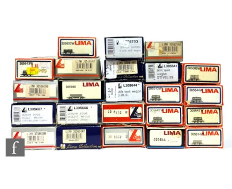 A collection of OO gauge Lima rolling stock, to include bogie ballast wagons, plank wagons, tank wagons etc, all boxed. (23) 