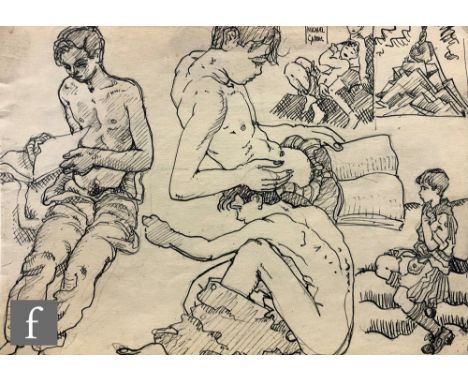 ALBERT WAINWRIGHT (1898-1943) - A sketch depicting youths reading, to the reverse studies of youths in seated and reclining p