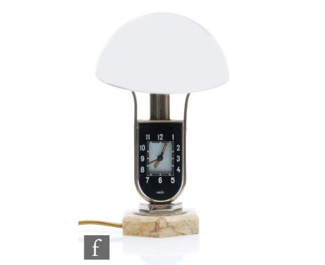 An Art Deco chrome plated alarm clock and light lamp combination by Mofem, circular stepped marble base below clock mechanism