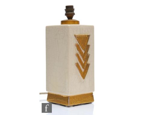 A 1930s&nbsp;Charles Harva French Art Deco square lamp base decorated with a gold craquelure lustre panel of four overlocking