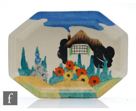 A Clarice Cliff Tralee pattern octagonal serving dish circa 1934, hand painted with a stylised thatched cottage and garden la