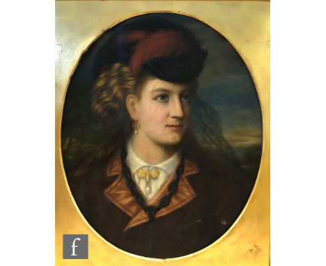 FRENCH SCHOOL (CIRCA 1880) - Portrait of lady wearing a plumed hat and dark red coat, long bust length, oil on canvas, oval, 