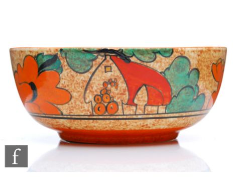 A Clarice Cliff Holborn shape fruit bowl circa 1932, hand painted in the Red Roofs Cafe au Lait pattern with a stylised tree 