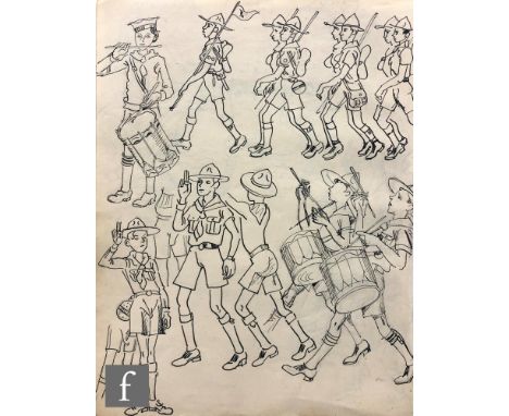 ALBERT WAINWRIGHT (1898-1943) - A sketch depicting Boy Scouts marching and playing the drums, to the reverse a sketch of a ri