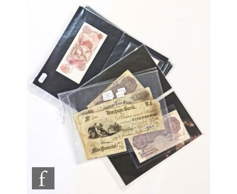 A cut cancelled five pound Durham banknote no 681 dated 1889, a similar Stockton on Tees five pound note 1890, also various s
