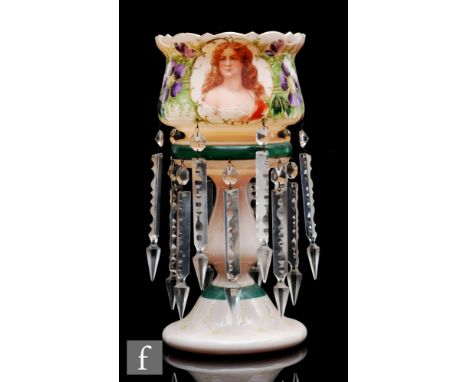 A late 19th Century continental table lustre, possibly French, the swept base rising to a baluster form column and cup form t