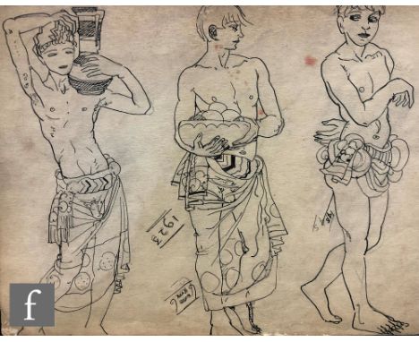 ALBERT WAINWRIGHT (1898-1943) - A sketch depicting three male figures partially dressed, one carrying a water jug another a f