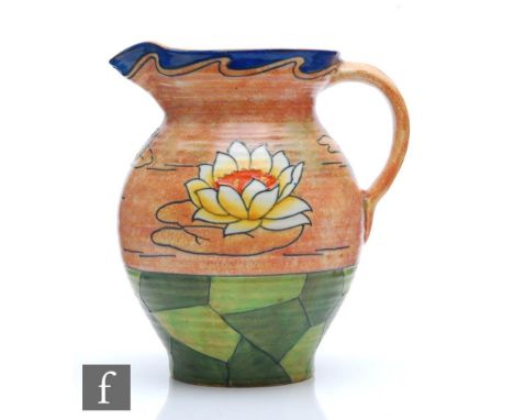 A late 1930s Burleigh Ware flower jug designed by Harold Bennett decorated with tubelined water lilies above stylised lily pa