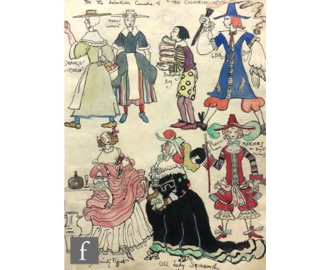 ALBERT WAINWRIGHT (1898-1943) - A sketch depicting costume designs for the play 'The Countrie Wyfe', with similar sketches ve