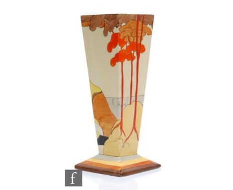 A Clarice Cliff Coral Firs pattern shape 656 vase of footed square section circa 1933, hand painted with a stylised tree line