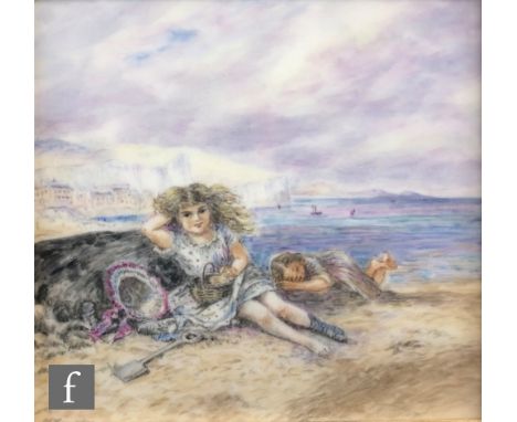 MARJORY JOWETT (CONTEMPORARY) - 'At the Seaside', enamel on ceramic tile, signed, framed, 14cm x 14cm, frame size 24cm x 24cm