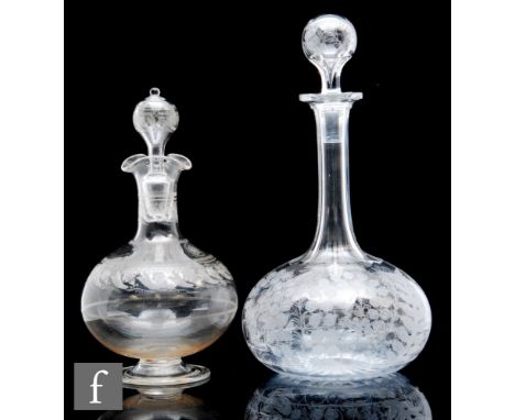 A Victorian clear crystal glass decanter of squat globe and shaft form, the body decorated with acid etched floral patterns, 