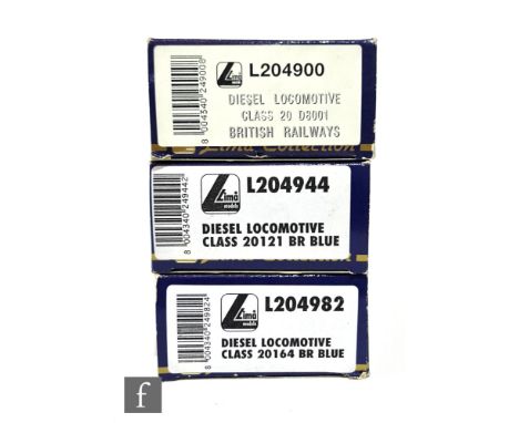 Three OO gauge Lima BR Class 20 diesel locomotives, L204900 D8001, L204944 20121 and L204982 20164, all boxed. (3) 