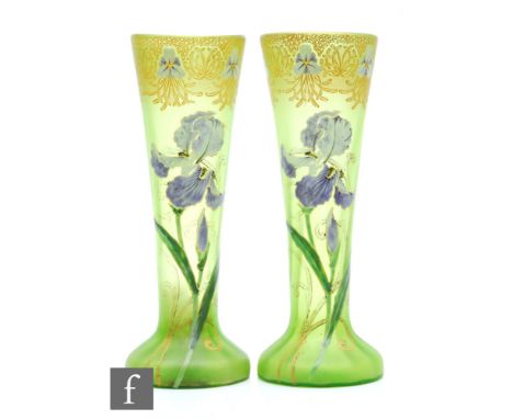A pair of late 19th Century Legras &amp; Cie Art Nouveau glass vases, the compressed foot rising to a wrythen fluted and flar