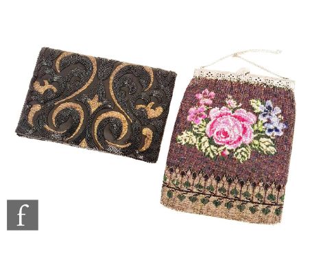 A 1930s Art Deco Lederer de Paris lady's envelope purse bag with black bugle beads and matt gold running stitch detailing, al