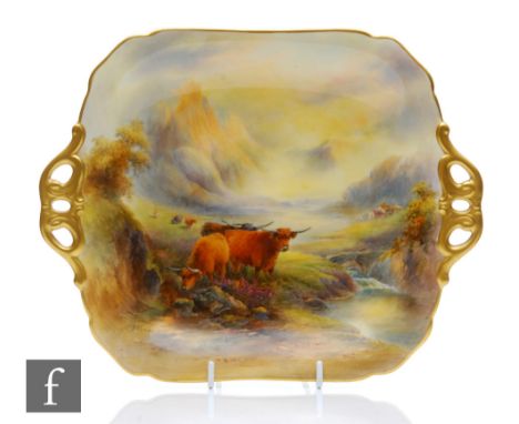 A Royal Worcester square dish decorated by J Stinton with hand painted Highland cattle in a mountainous landscape, signed, pu