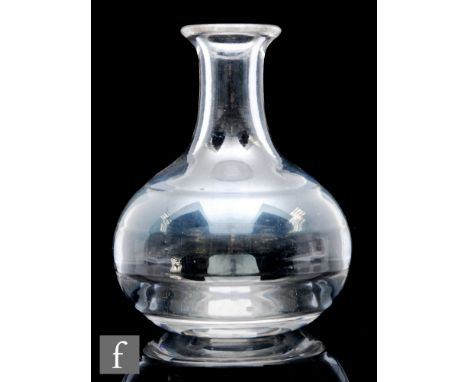 A late 18th Century Lynn glass carafe of globe and shaft form with everted rim, the body with five bands of moulded rings, he