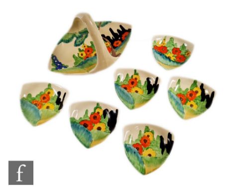 A Clarice Cliff Fragrance pattern complete shape 471 Bon Bon set circa 1935, hand painted with a stylised cottage garden scen