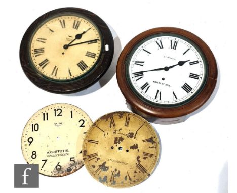 A late 19th Century circular cased mahogany schoolroom clock by F Jewels Brierley Hill, a similar Smith eight day circular wa