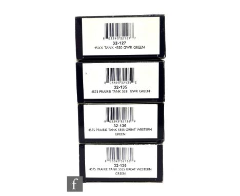 Four OO gauge Bachmann 2-6-2T GWR green tank locomotives, 32-127 Class 45XX 4550, 32-135 Class 4575 5531 and two 32-136 Class