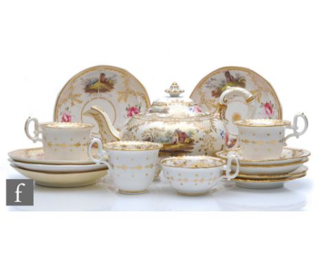 A collection of early 19th Century H &amp; R Daniel teawares comprising a teapot of melon form raised to four acanthus leaf f