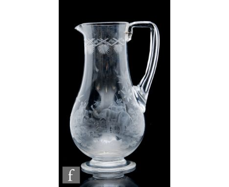 A 19th Century Stourbridge glass water jug of footed swollen ovoid form with tall collar neck, integral spout and an angular 