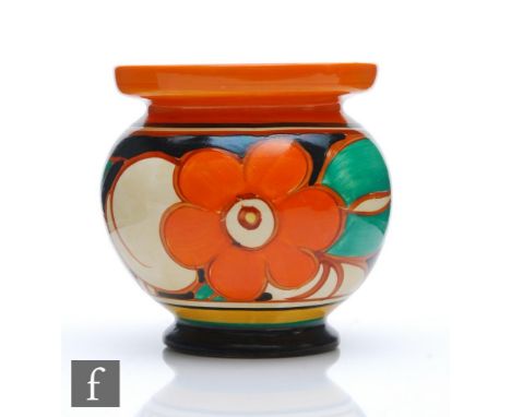 A Clarice Cliff Floreat pattern preserve dish circa 1930, the pedestal vase with ovoid body hand painted with stylised fruit 