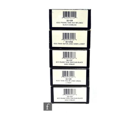Five OO gauge Bachmann 2-6-2T BR Class 45 / 45XX tank locomotives, 32-129 4557, 32-125A 4569, 32-125 4566 and two&nbsp;32-137