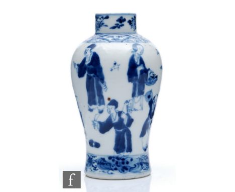 A 19th Century Chinese blue and white vase of ovoid form, with short upright neck, decorated in underglazed blue with a tradi