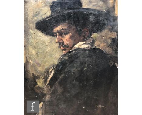 FRANCES WYNNE MURRAY&nbsp;(EXHIBITED 1919-1939) – Portrait of man wearing a cloak and black fedora, oil on canvas, signed, un