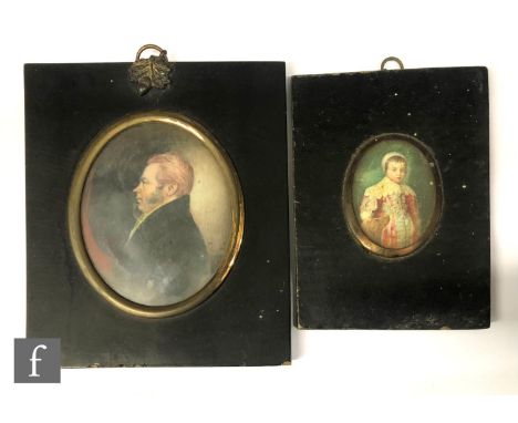 ENGLISH SCHOOL (MID 19TH CENTURY) - Portrait of a gentleman in profile, half length, a watercolour miniature on card, framed,