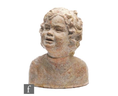 A patinated plaster head and shoulders portrait bust of a young girl, by Helene Nikolsky, bearing incised signature and dated