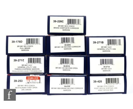 A collection of OO gauge Bachmann BR Mk1 passenger coaches and parcel vans, to include restaurant, second open, full brake et