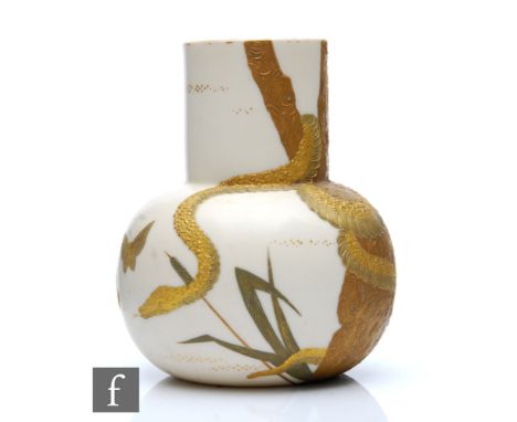 A late 19th Century Royal Worcester Aesthetic vase of globe and shaft form decorated with a curled snake wrapped around a tre