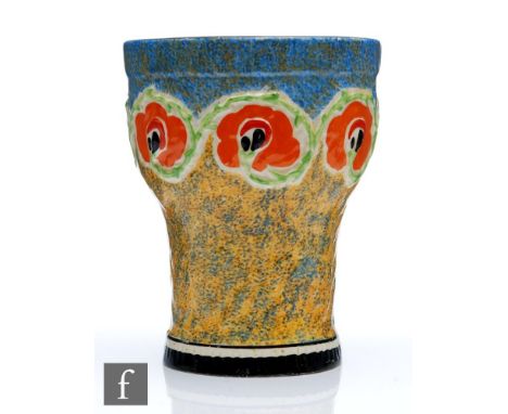 A Clarice Cliff Nuage pattern shape 389 vase circa 1933, of relief moulded goblet form with a band of scrolling flowers picke