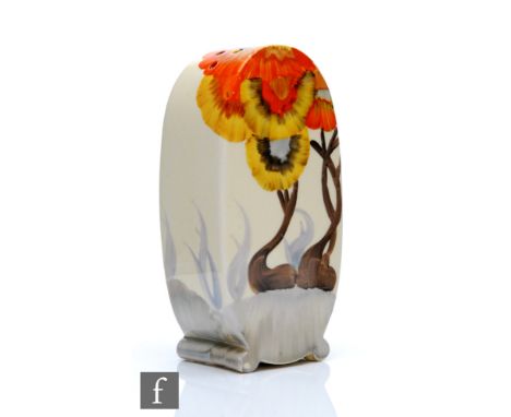A Clarice Cliff Bon Jour shape sugar sifter in the Rhodanthe pattern circa 1934, hand painted with a stylised tree landscape 