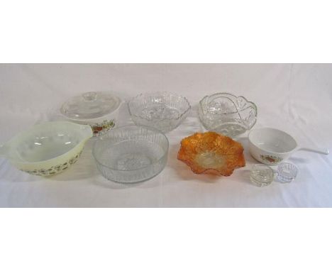 Collection of glass bowls, orange Carnival ware bowl and vintage cooking bowls and pan