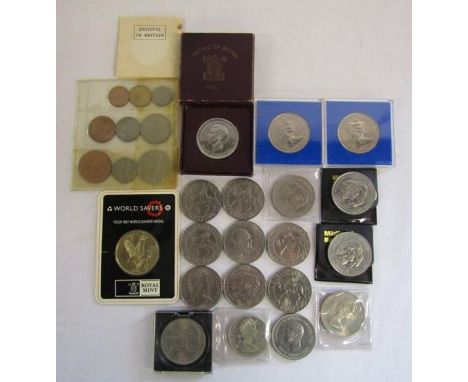 Collection of coins includes Festival of Britain 1951 with St George and Dragon five shilling coin and one other, Canada doll