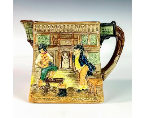 Glazed porcelain pitcher embossed with various characters from the novel The Pickwick Papers. Royal Doulton backstamp. Issued