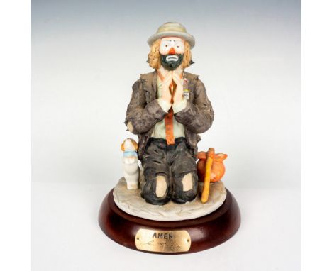 Limited edition, hand painted bisque porcelain depicting figural clown Weary Willie in prayer position with pup by his side. 