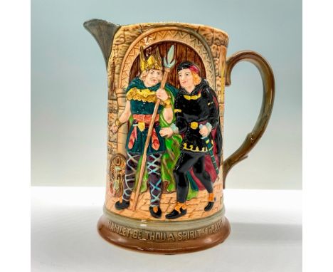 A ceramic pitcher depicting a scene from Hamlet with the caption at the bottom stating, "Hamlet Be Thou a Spirit of Health". 