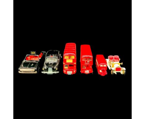 Includes Red-colored Budgie London transport bus. Red-colored Corgi Toys London transport bus. Red-colored Lesney London tran