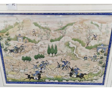 A PAIR OF INDO-PERSIAN MINIATURE WATERCOLOURS OF HUNTING SCENES. 15 X 20 CM (2)
