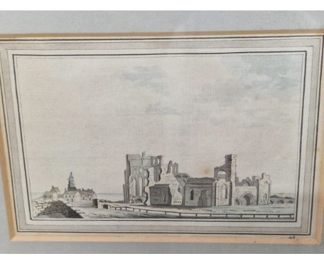 TWO LATE 18th/EARLY 19th CENTURY ENGLISH LANDSCAPE WATERCOLOURS. ONE OF RUINS ATTRIBUTED TO F. GROSE. 13 x 19cms. TOGETHER WI