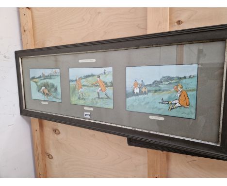 SIX VINTAGE COMIC COLOUR PRINTS OF HUNTING SUBJECTS IN TWO FRAMES 