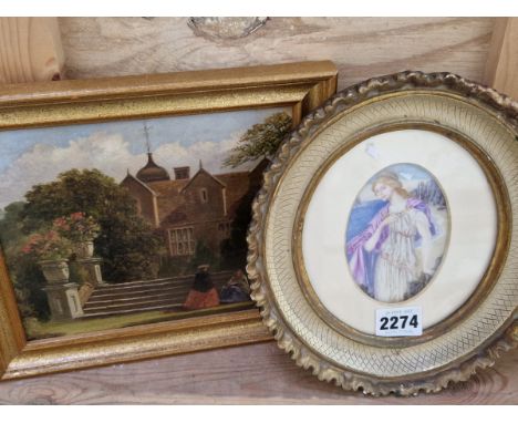 MURIEL V.C. NUTTALL, WATERCOLOUR MINIATURE TITLED MIRANDA. TOGETHER WITH AN ENGLISH 19th C. SCHOOL OIL PAINTING OF FIGURES ON