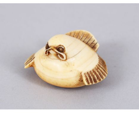 A LARGER JAPANESE EDO PERIOD CARVED IVORY NETSUKE OF A STYLIZED BIRD, eyes inlaid, himotoshi formed to the underside and feet